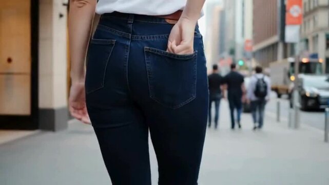 A symbolic scene of a woman walking away while putting her purse in her back pocket to represent saving money and avoiding unnecessary spending Generative AI.