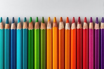 Rainbow row of colored pencils on a white surface