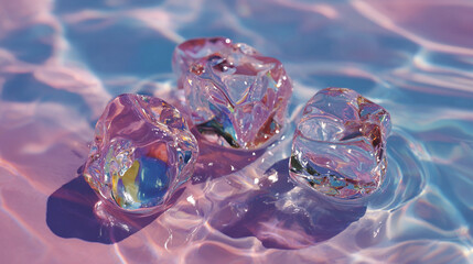 A holographic projection shimmers and fades into shiny, reflective water, hyperrealistically rendered. The scene symbolizes the convergence of technology and nature, blending digital illusion with ser