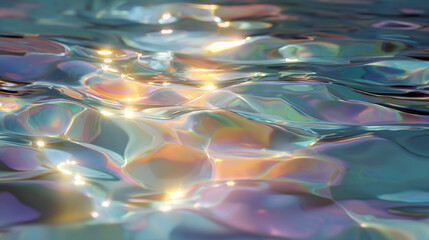 A holographic projection shimmers and fades into shiny, reflective water, hyperrealistically rendered. The scene symbolizes the convergence of technology and nature, blending digital illusion with ser