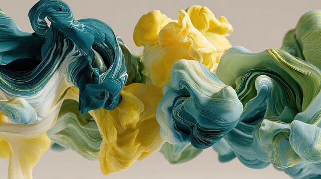 Swirling teal, yellow, & green fabric forms an abstract cloud