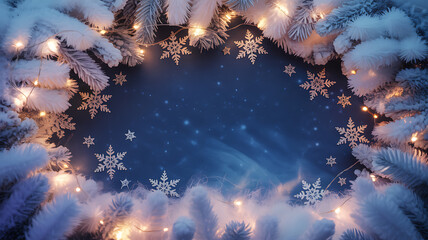 Festive winter scene with snow-covered pine branches, glowing fairy lights, and falling snowflakes forming a circular frame around a starry night sky