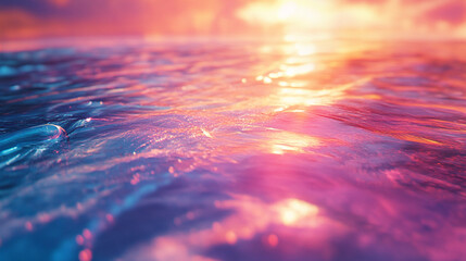 A holographic projection shimmers and fades into shiny, reflective water, hyperrealistically rendered. The scene symbolizes the convergence of technology and nature, blending digital illusion with ser