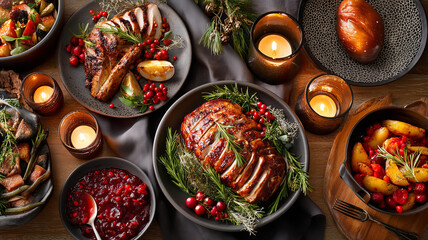 Thanksgiving Roasted Turkey Dinner with Sides and Candles