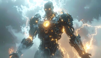 Powerful Robotic Figure Amidst Electrifying Storm and Lightning.