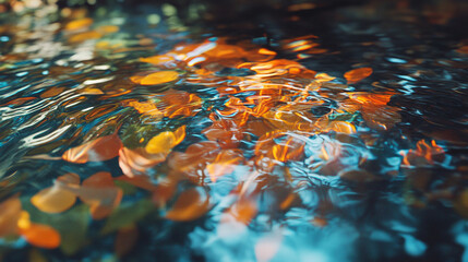 A holographic projection shimmers and fades into shiny, reflective water, hyperrealistically rendered. The scene symbolizes the convergence of technology and nature, blending digital illusion with ser