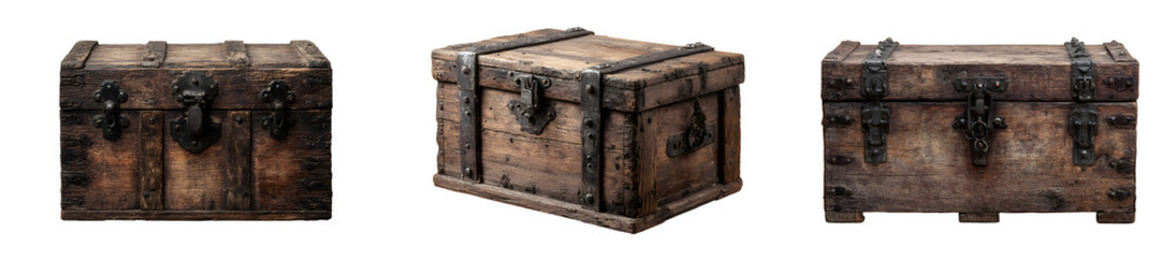 Set of antique wooden chest with iron hardware, rustic storage box, isolated on transparent background