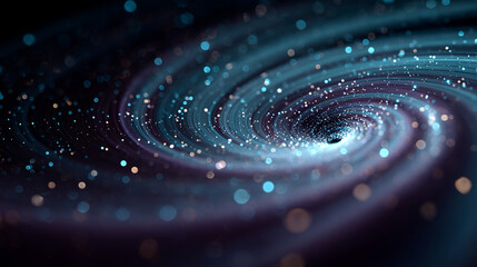 A holographic spiral of floating data glows with shifting light, forming a futuristic abstract scene. The image symbolizes information flow, digital innovation, and the dynamic energy of modern techno