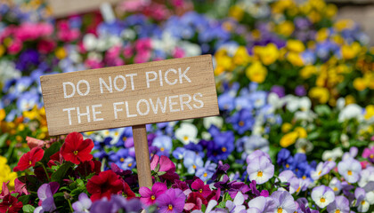 Small wooden sign with text “DO NOT PICK THE FLOWERS” placed among colorful blooming flowers in a public garden