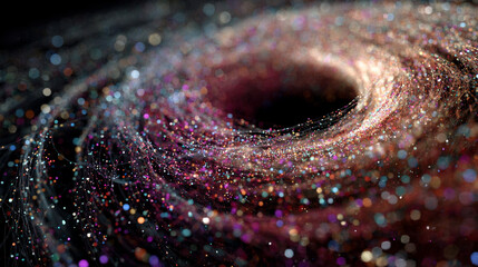 A holographic spiral of floating data glows with shifting light, forming a futuristic abstract scene. The image symbolizes information flow, digital innovation, and the dynamic energy of modern techno