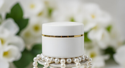 White beauty cream jar mock-up with pearls jewelry, luxury cosmetics packaging with floral background and copy space