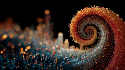 A holographic spiral of floating data glows with shifting light, forming a futuristic abstract scene. The image symbolizes information flow, digital innovation, and the dynamic energy of modern techno