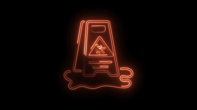 Luminous wet floor sign with orange neon effect safety warning concept