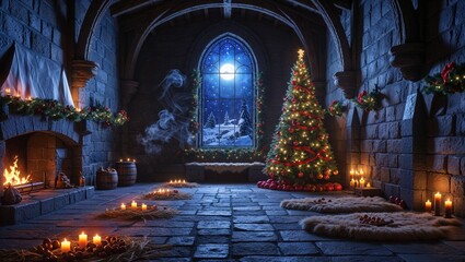 Fototapeta premium Christmas Tree in a Stone Hall by the Fireplace