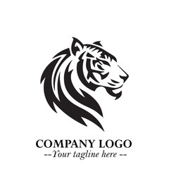 Powerful Head of Tiger Logo Symbol in Black on White Background with Bold Modern Minimalist Design