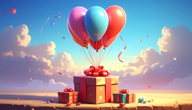Celebration scene with gift boxes and colorful balloons floating in sky