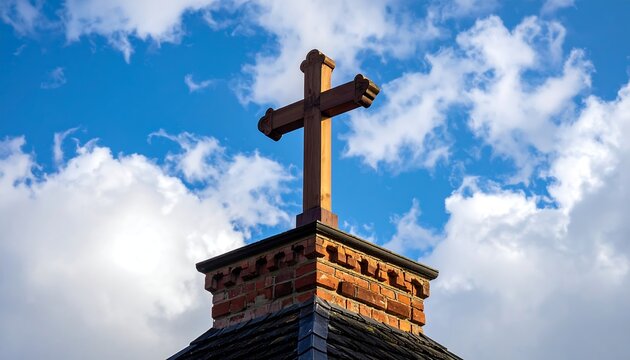 Brick structure crowned with a wooden cross against a bright cloudy sky