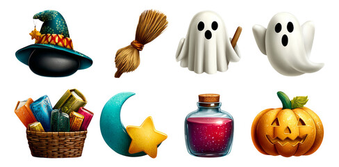 Colorful Halloween Icons with Witch Hat, Ghosts, Potion, and Pumpkin Design