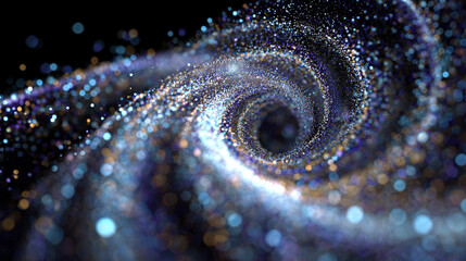 A holographic spiral of floating data glows with shifting light, forming a futuristic abstract scene. The image symbolizes information flow, digital innovation, and the dynamic energy of modern techno
