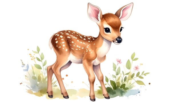 Adorable fawn standing amidst watercolor-style wildflowers and greenery - Powered by Adobe