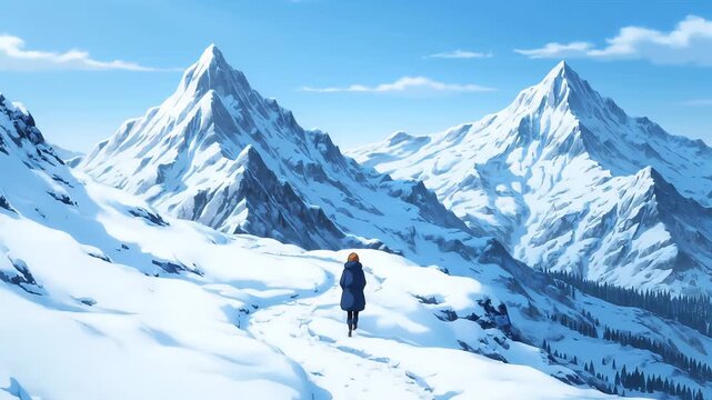 Traveler Walking Alone in Snowy Mountain Landscape under Blue Sky