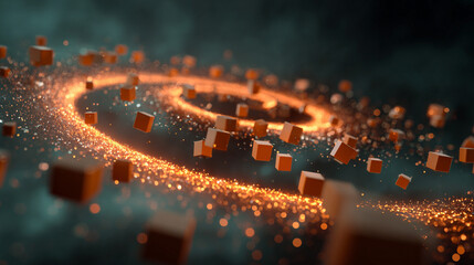 A holographic spiral of floating data cubes glows with digital light, forming a futuristic abstract scene. It symbolizes information flow, technology, innovation, and the dynamic pulse of modern data 