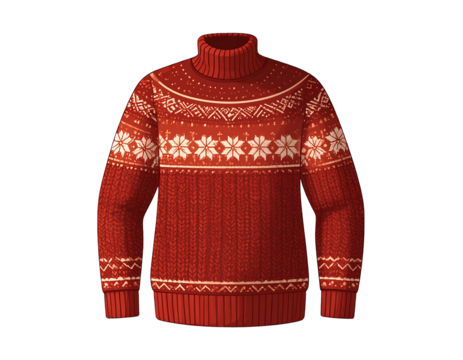 Red knit sweater with white geometric patterns, including snowflakes, on a black background