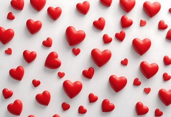 A cheerful pattern of red heart shapes scattered on a white background