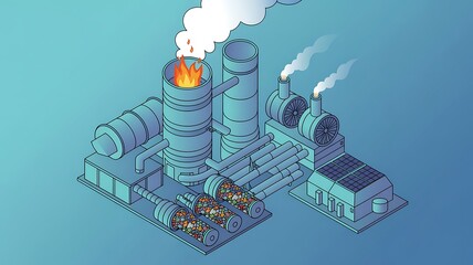 Isometric industrial factory landscape with power plant renewable energy concept