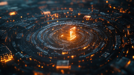 A holographic spiral of floating data cubes glows with digital light, forming a futuristic abstract scene. It symbolizes information flow, technology, innovation, and the dynamic pulse of modern data 