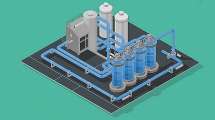 Isometric Industrial Plant with Blue Pipes and Water Purification System Illustration