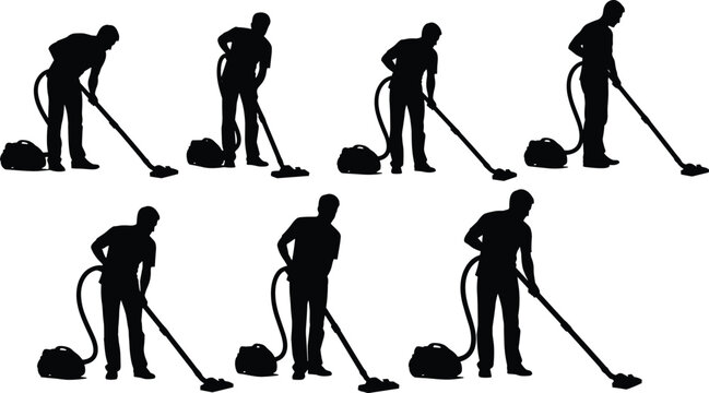 Vacuum cleaner silhouettes vector illustration, person cleaning floor, housework activity, janitor worker, domestic chore, hygiene concept, cad drawing flat vector illustration
