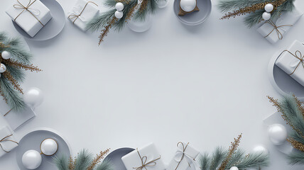 Minimalist Christmas arrangement with white gifts, pine branches, and ornaments forming a circular frame on a light background