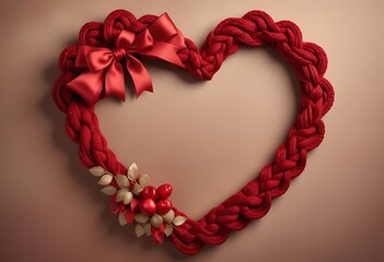 Handmade red heart wreath with ribbon bow decoration