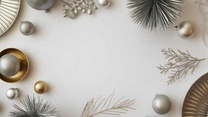 Flat lay composition of silver and gold holiday ornaments, pine branches, and decorative elements on a white background