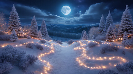 Snowy winter landscape with illuminated path under full moon
