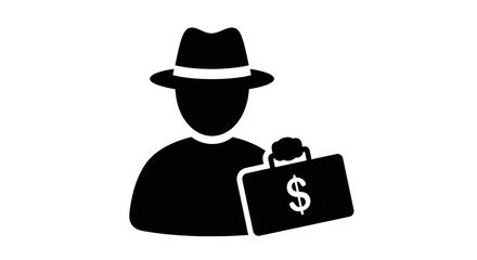 A silhouetted figure with a hat and briefcase holding a dollar sign