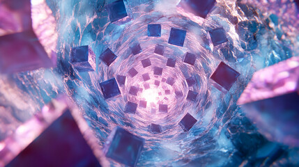 A holographic spiral of floating data cubes glows with digital light, forming a futuristic abstract scene. It symbolizes information flow, technology, innovation, and the dynamic pulse of modern data 