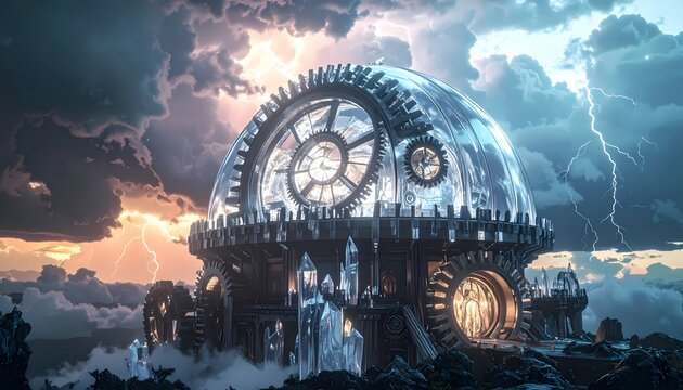 Steampunk Time Machine in Stormy Sky with Lightning and Clouds.