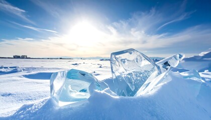 Crystal-clear ice shards glisten in sunlight across a vast, frozen landscape