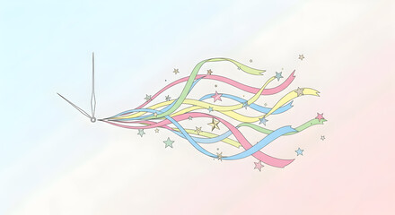 Fototapeta premium Clock Hands with Colorful Ribbons and Stars Abstract Illustration