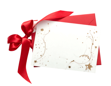 Red ribbon bow on red envelope with blank card, decorated with gold stars and swirls on a transparent background - Powered by Adobe