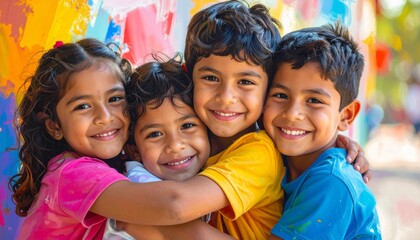 Colorful Portraits of Diverse Children Sharing Hugs