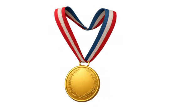 Gold medal with red, white, and blue ribbon representing victory, success, achievement, and first place recognition