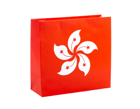 Red shopping bag with a large white stylized flower design; solid black background with sharp bright lighting - Powered by Adobe