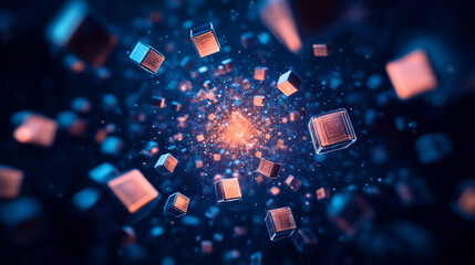 A holographic spiral of floating data cubes glows with digital light, forming a futuristic abstract scene. It symbolizes information flow, technology, innovation, and the dynamic pulse of modern data 