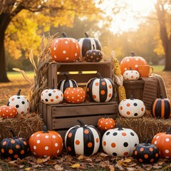 Charming Display of Playful Pumpkins with Polka Dots and Stripes in a Beautiful Autumn Setting