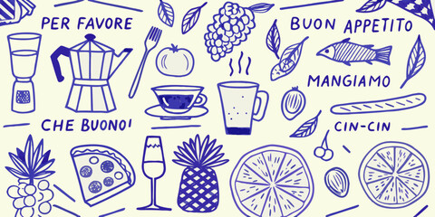Italian food and drink doodle collection with phrases per favore buon appetito mangiamo che buono cin cin