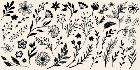 Collection of hand drawn black botanical elements and flowers on a light background