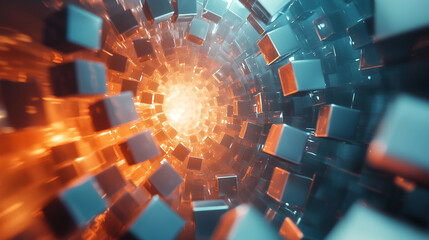 A holographic spiral of floating data cubes glows with digital light, forming a futuristic abstract scene. It symbolizes information flow, technology, innovation, and the dynamic pulse of modern data 